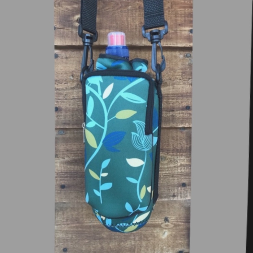 SOLD OUT.        Neoprene Water Bottle & Phone Holder Blue Green Birds Print New - Picture 6 of 16